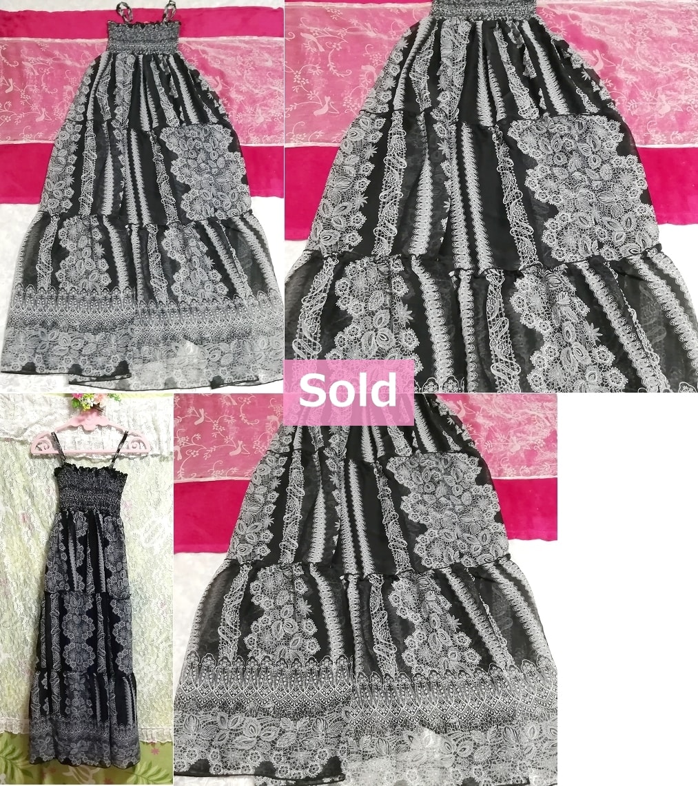 Black gray flower pattern chiffon camisole skirt maxi one piece