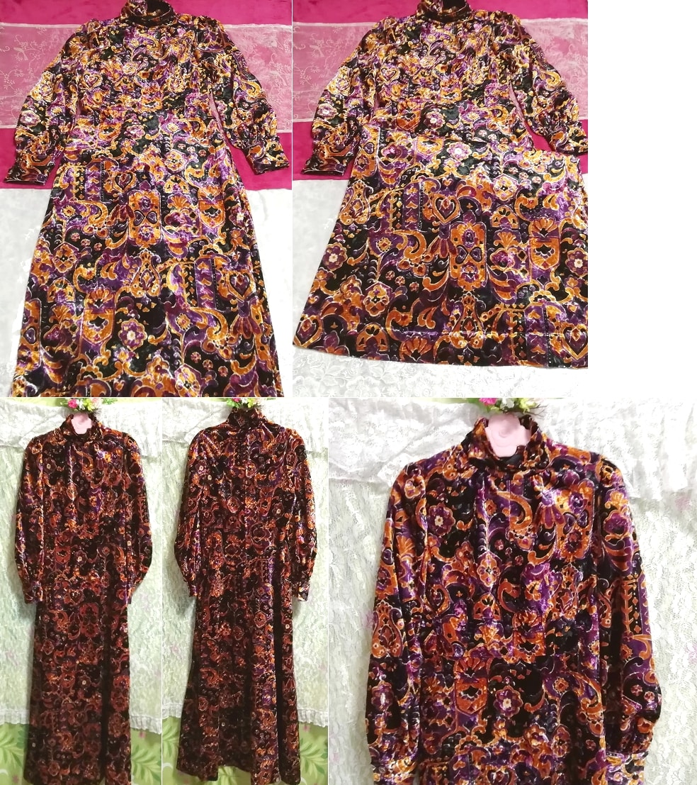Schwarzes, violettes, goldenes Velours-Negligé-Nachthemd mit ethnischem Muster, langes Maxikleid, langer Rock, Größe m