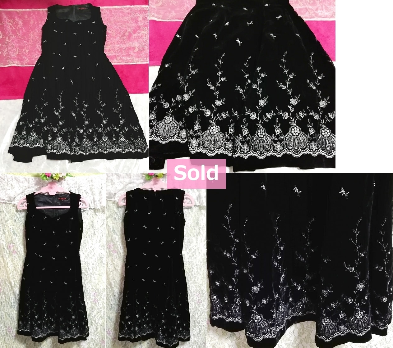 Fabriqué au Japon jupe sans manches en velours noir brodé de fleurs une pièce