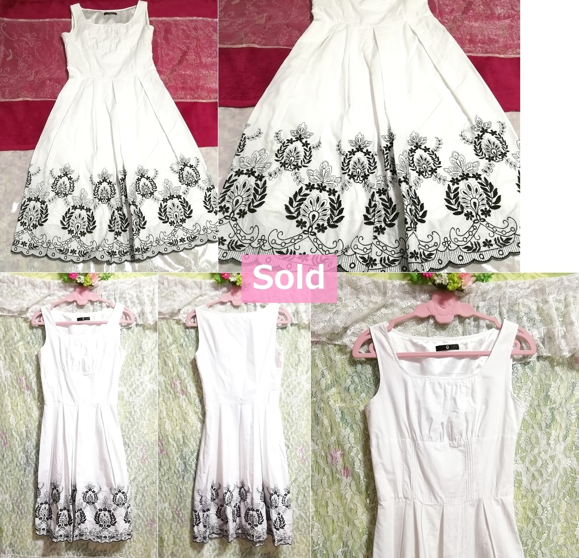 白色棉布100％纯棉黑色刺绣无袖一件，连衣裙和膝盖长度的裙摆和M尺寸