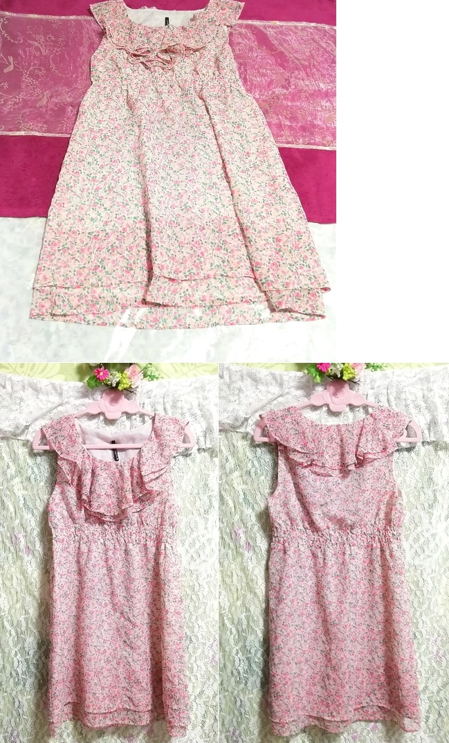 핑크 플로럴 러플 시폰 네글리제 나이트가운 민소매 튜닉 드레스, 무릎길이 스커트, m 사이즈