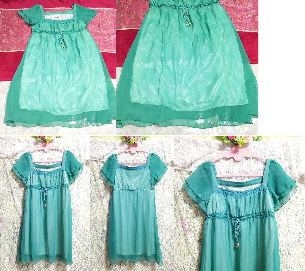 Grüngrünes Chiffon-Negligé-Nachthemd-Tunika-Kleid, Tunika, Kurzarm, Größe m