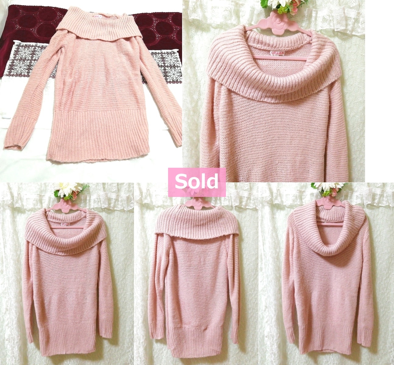 Jersey de punto rosa C･o･l･z･a sakura, tejer, suéter, manga larga, talla l