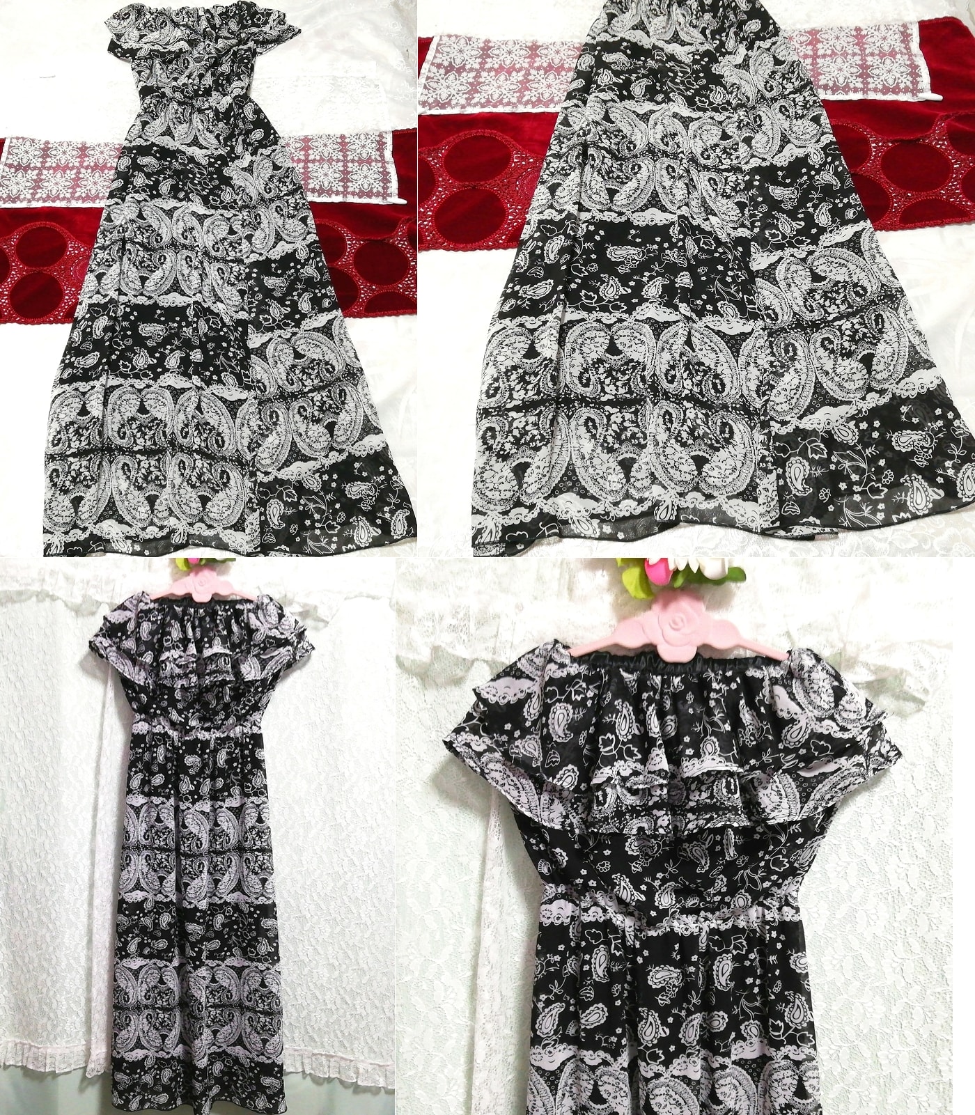 فستان نوم ماكسي من الشيفون ذو النمط العرقي باللون الأسود والرمادي, تنورة طويلة, حجم م