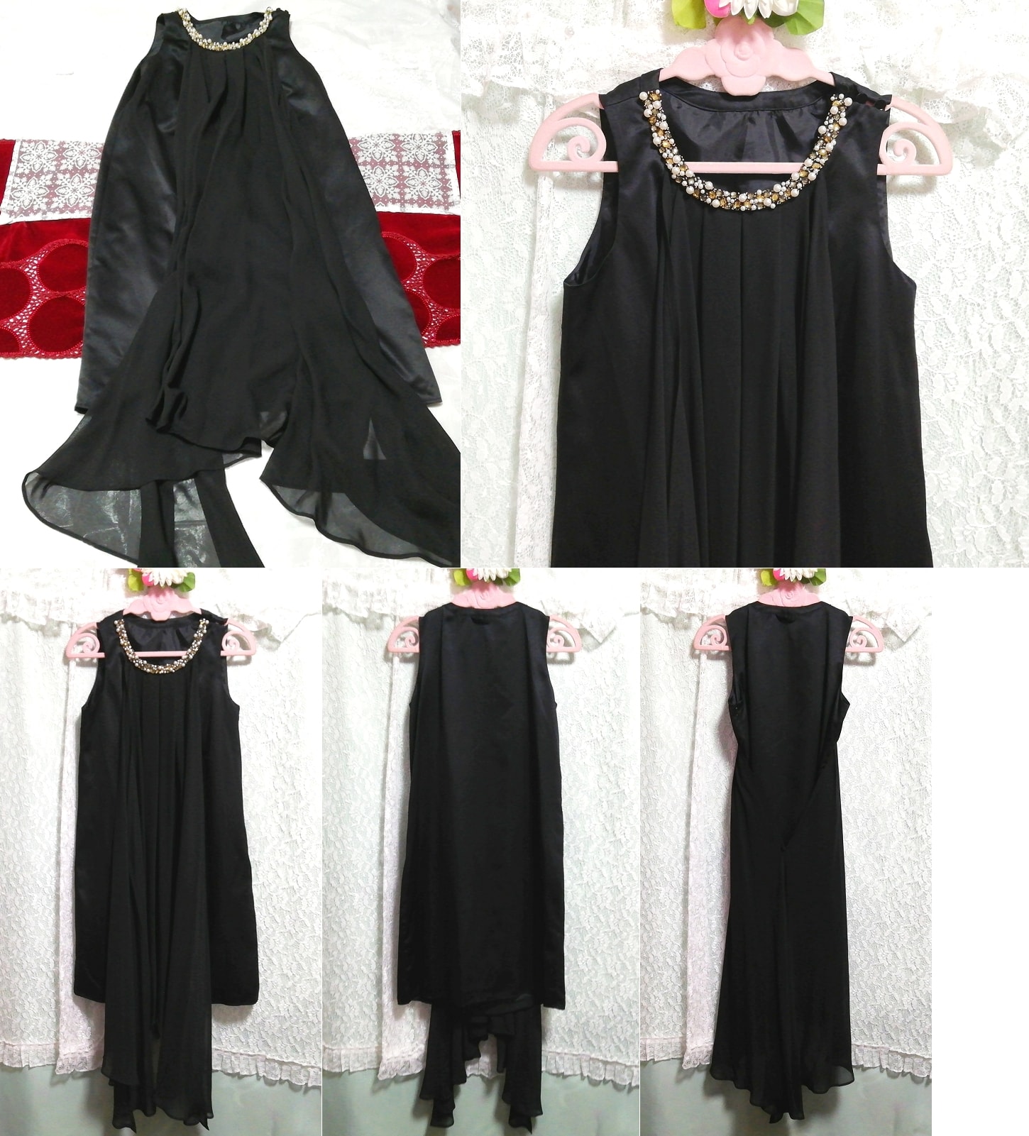 Ärmelloses Negligé-Nachthemd aus schwarzem Chiffon mit Schmucksteinen am Ausschnitt, Mode, Frauenmode, Nachtwäsche, Pyjama