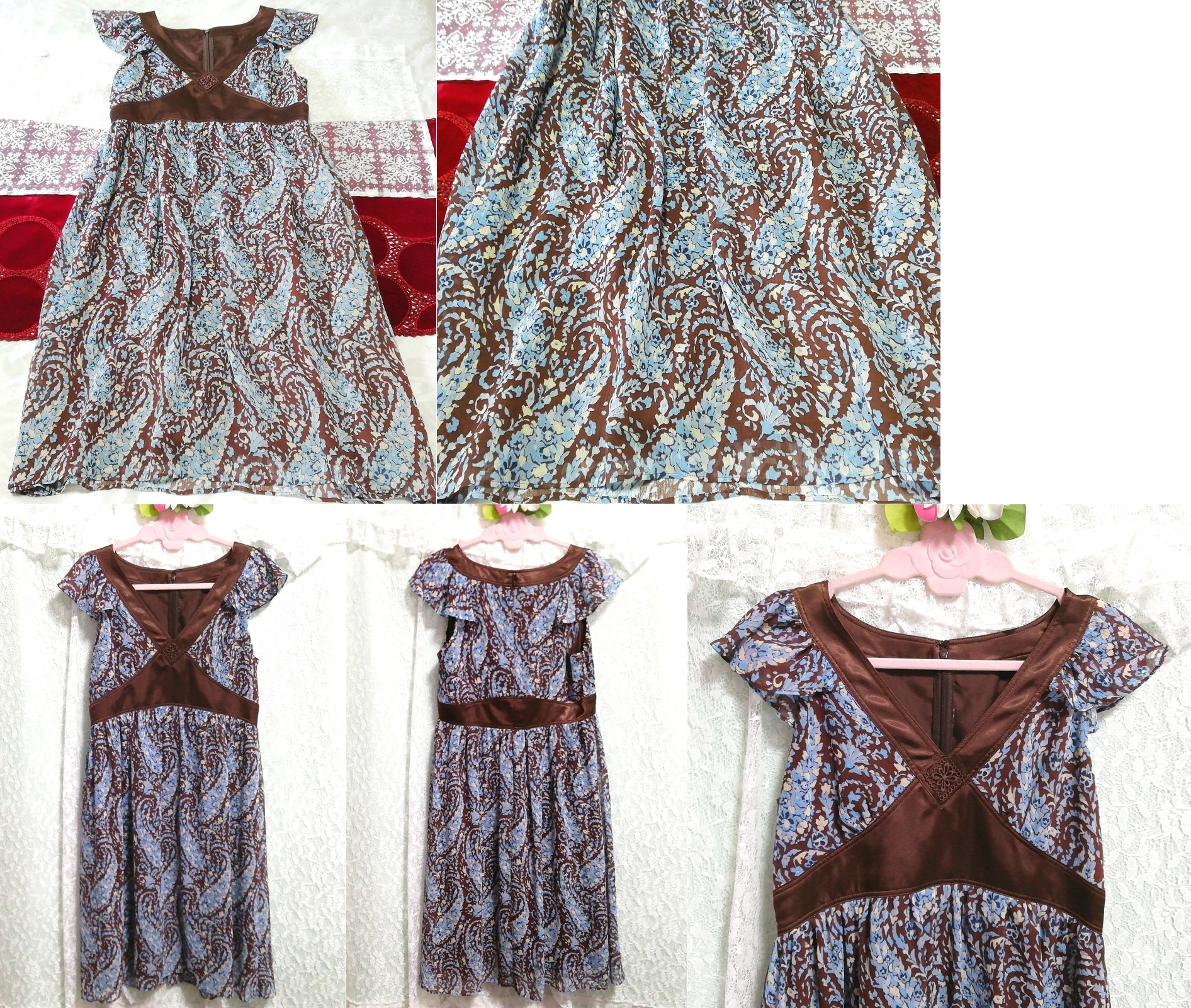 Light blue brown chiffon ethnic pattern sleeveless tunic negligee nightgown dress, tunic, sleeveless, sleeveless, m size