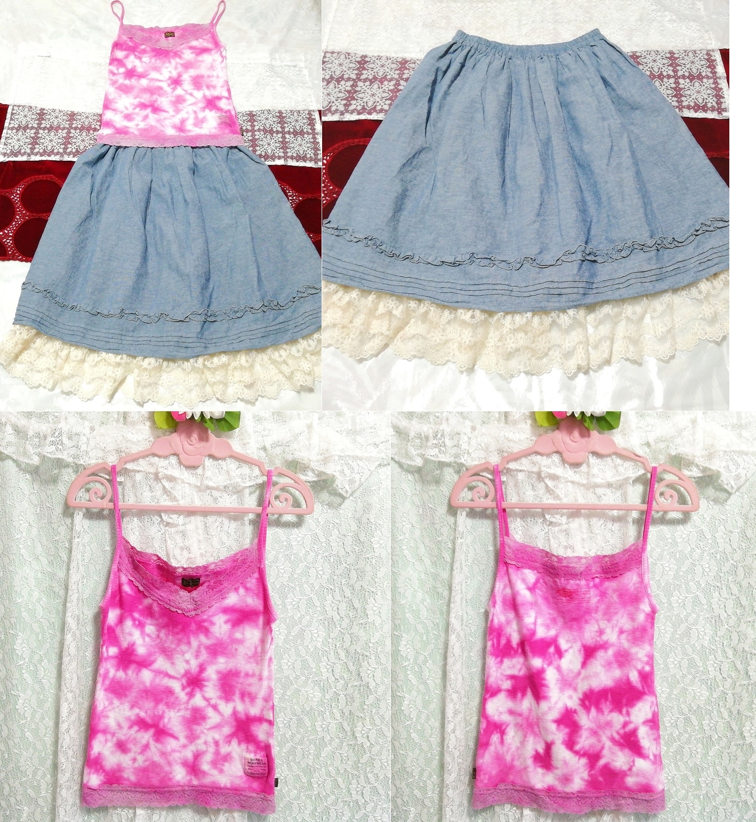 Pink lace cotton camisole negligee nightgown denim white lace skirt 2P, fashion, ladies' fashion, nightwear, pajamas