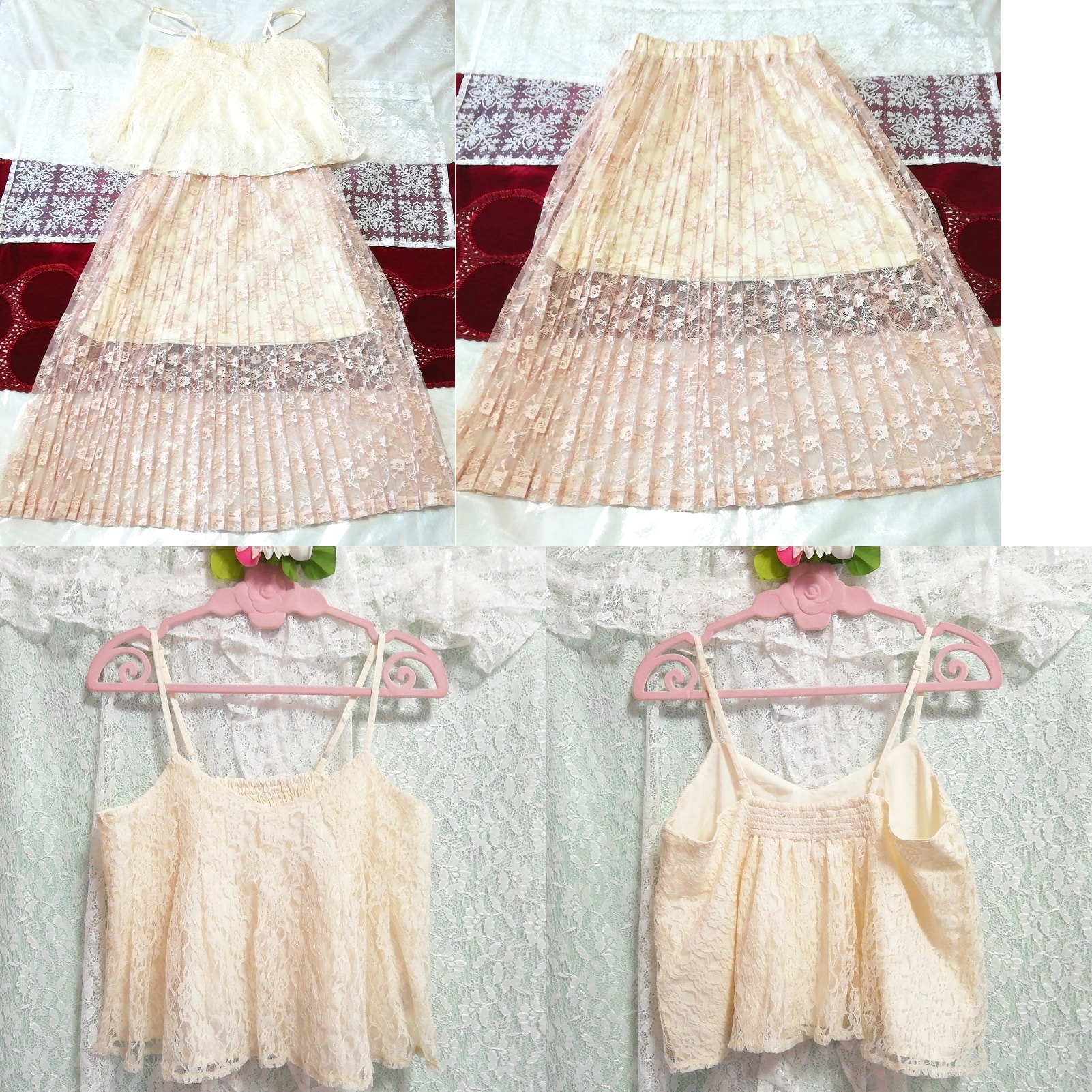꽃무늬 화이트 레이스 캐미솔 네글리제 나이트가운 시스루 레이스 스커트 드레스 2P, 패션, 숙녀 패션, 잠옷, 잠옷