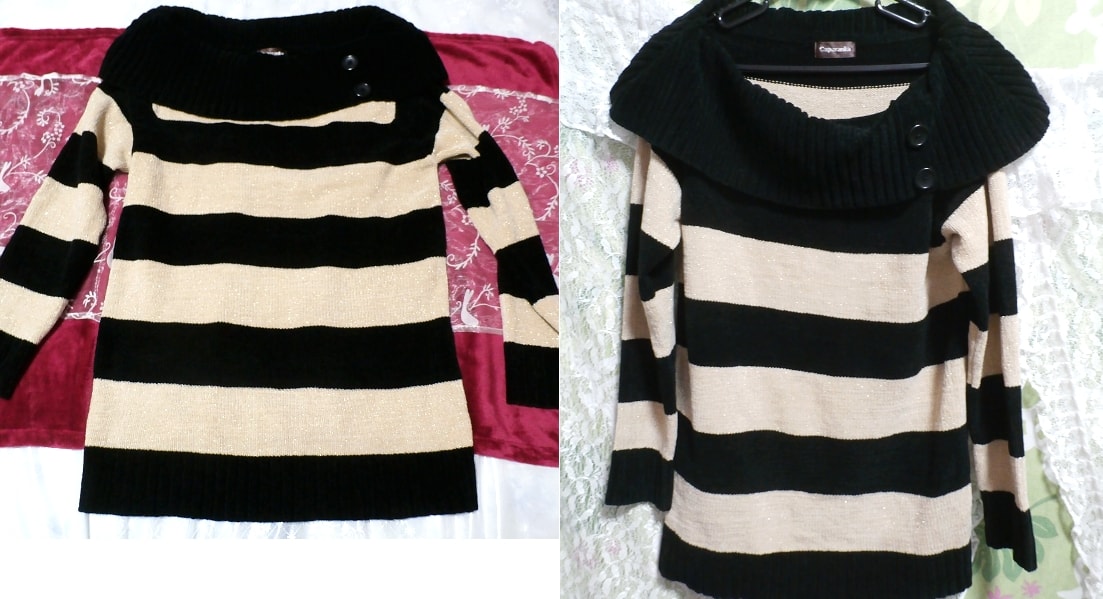 黒と黄色の縞々厚着/セーター/ニット/トップス Black yellow striped/sweater/knit/tops, ニット、セーター, 長袖, Mサイズ