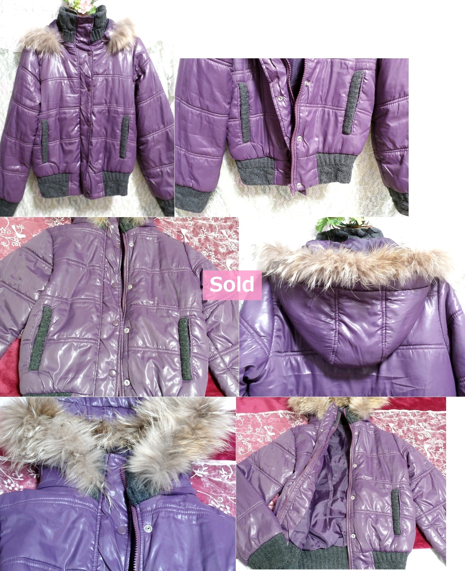 Purple rabbit fur hooded blouson coat / outer