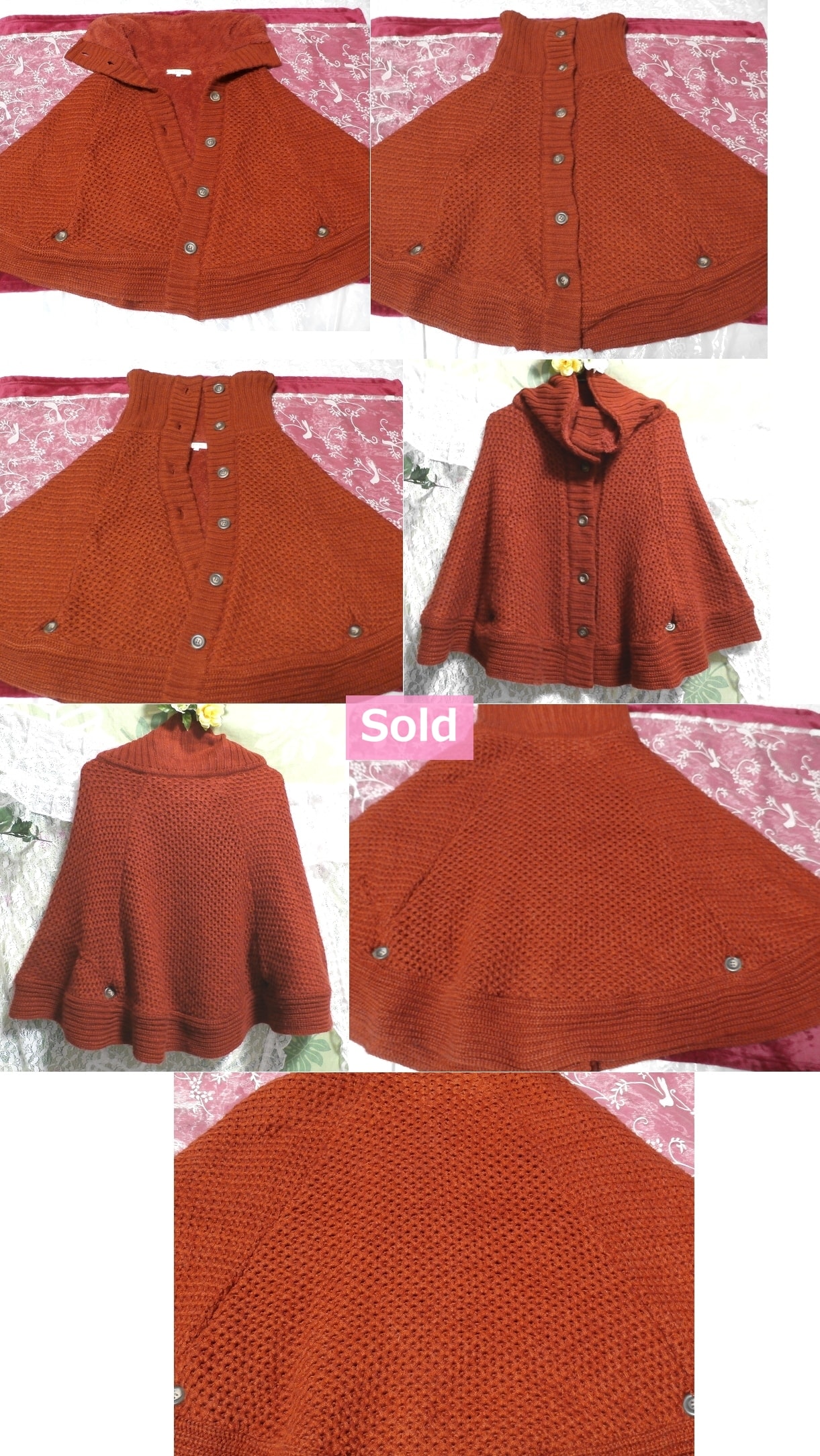 赤朱色の手編みあったかポンチョ/ケープ/外套/カーディガン Red knit poncho/cape/mantle/cardigan