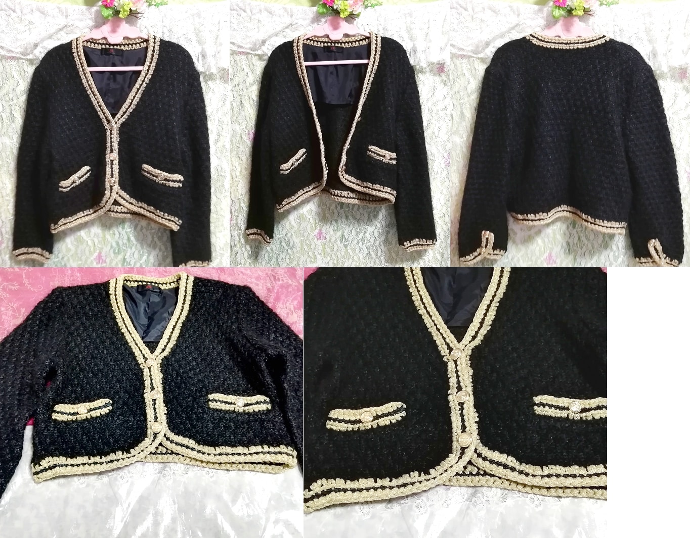 黒と金絹シルク編みニットセーター/カーディガン/羽織 Black and gold silk knit sweater cardigan coat, レディースファッション, カーディガン, Mサイズ