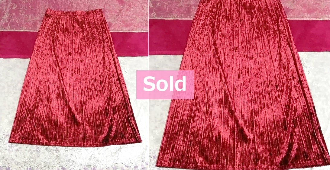 Made in Cambodia wine red velor glossy long pleated skirt