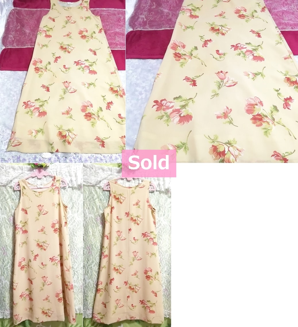 Flax color floral chiffon long skirt maxi onepiece dress, dress & long skirt & M size