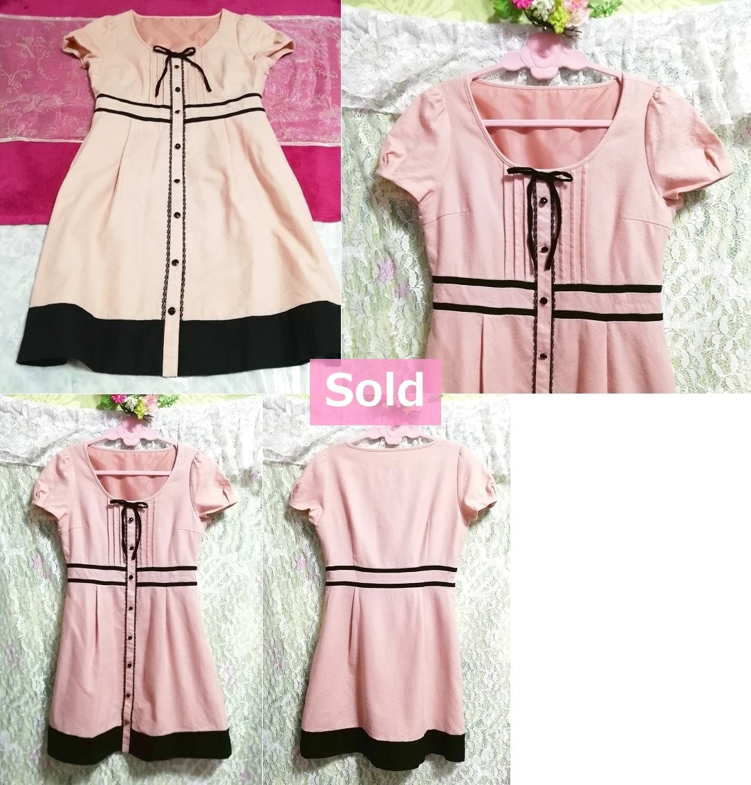 Made in Japan pink beige black girly short sleeve tunic onepiece Made in Japan pink beige black girly short sleeve tunic onepiece