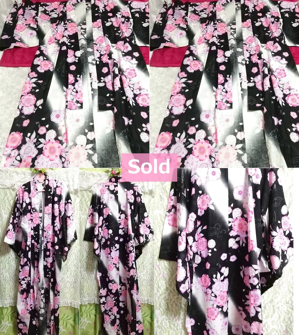 흑도 벚꽃 무늬 유카타 일본 옷 옷 (기모노)