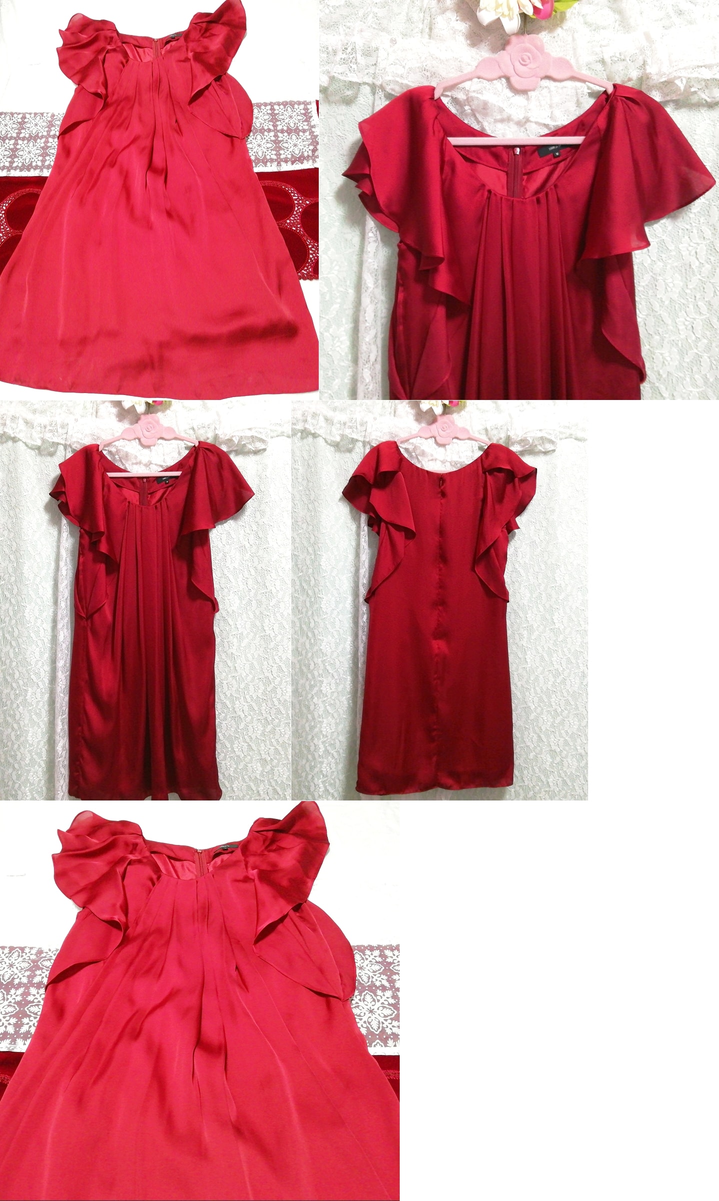빨간색 새틴 튜닉 네글리제 잠옷 드레스, 무릎길이 스커트, m 사이즈