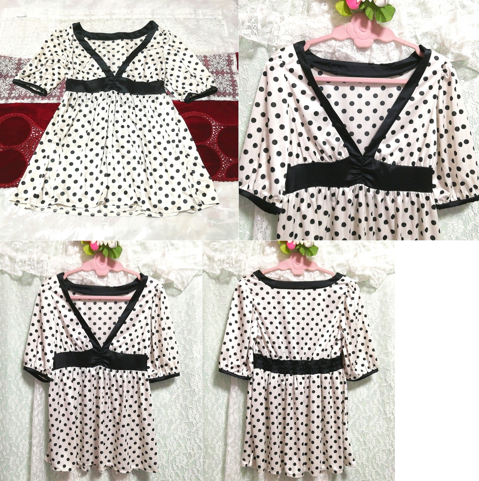 Black and white polka dot v neck tunic negligee nightgown dress, tunic, short sleeve, m size