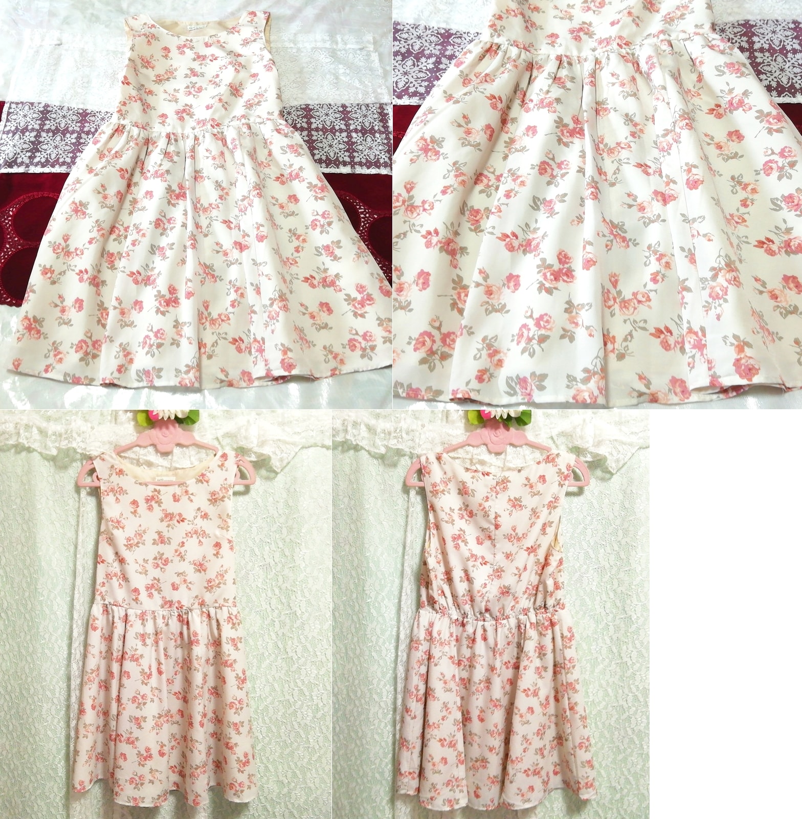 白ピンク花柄ノースリーブ ネグリジェ ナイトウェア ミニワンピース White pink floral sleeveless negligee nightwear mini dress, ワンピース, ミニスカート, Mサイズ
