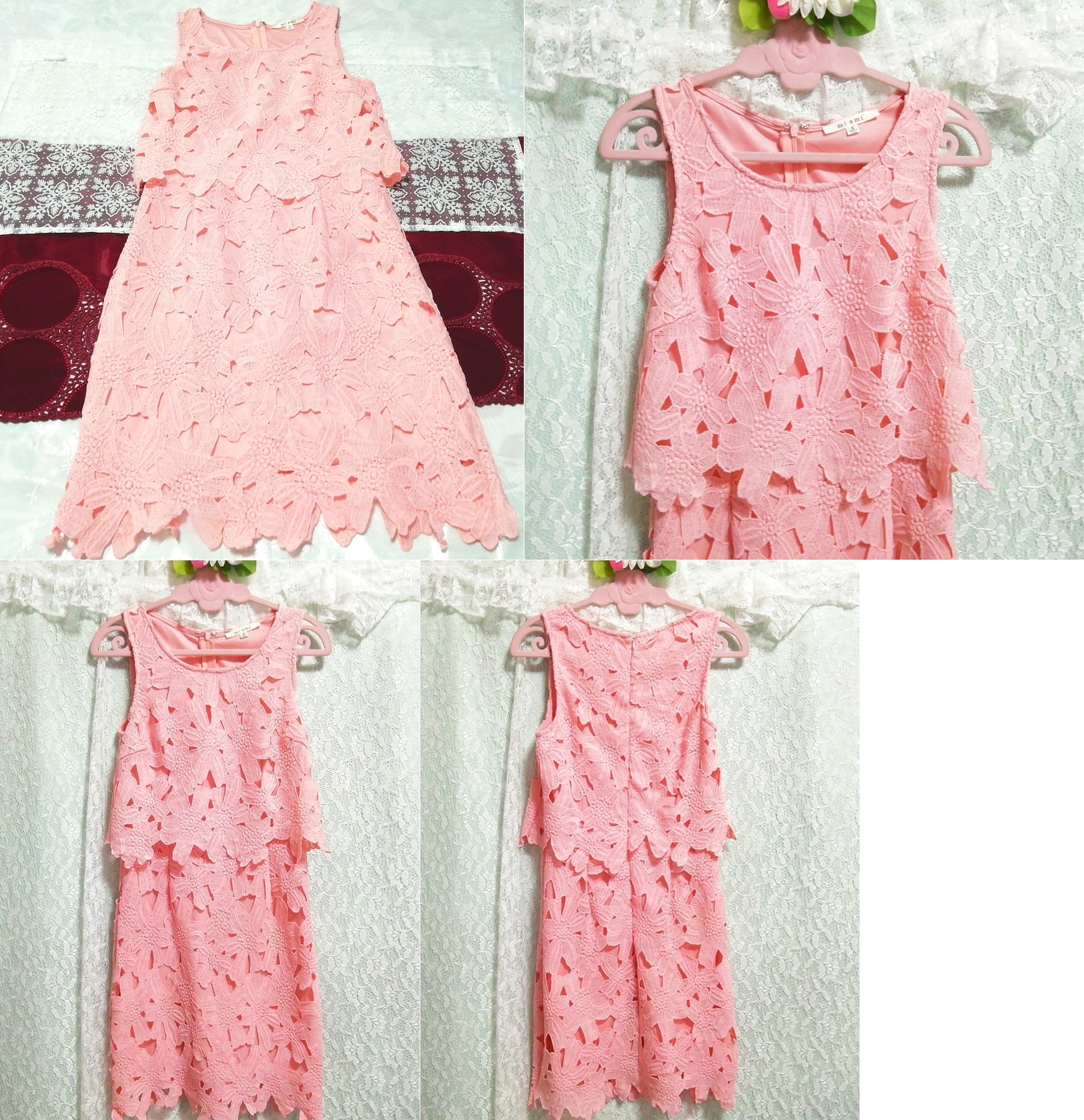 ピンクレースニット ノースリーブ ネグリジェ ナイトウェア ハーフワンピース Pink lace knit sleeveless negligee nightwear half dress, ワンピース, ひざ丈スカート, Mサイズ