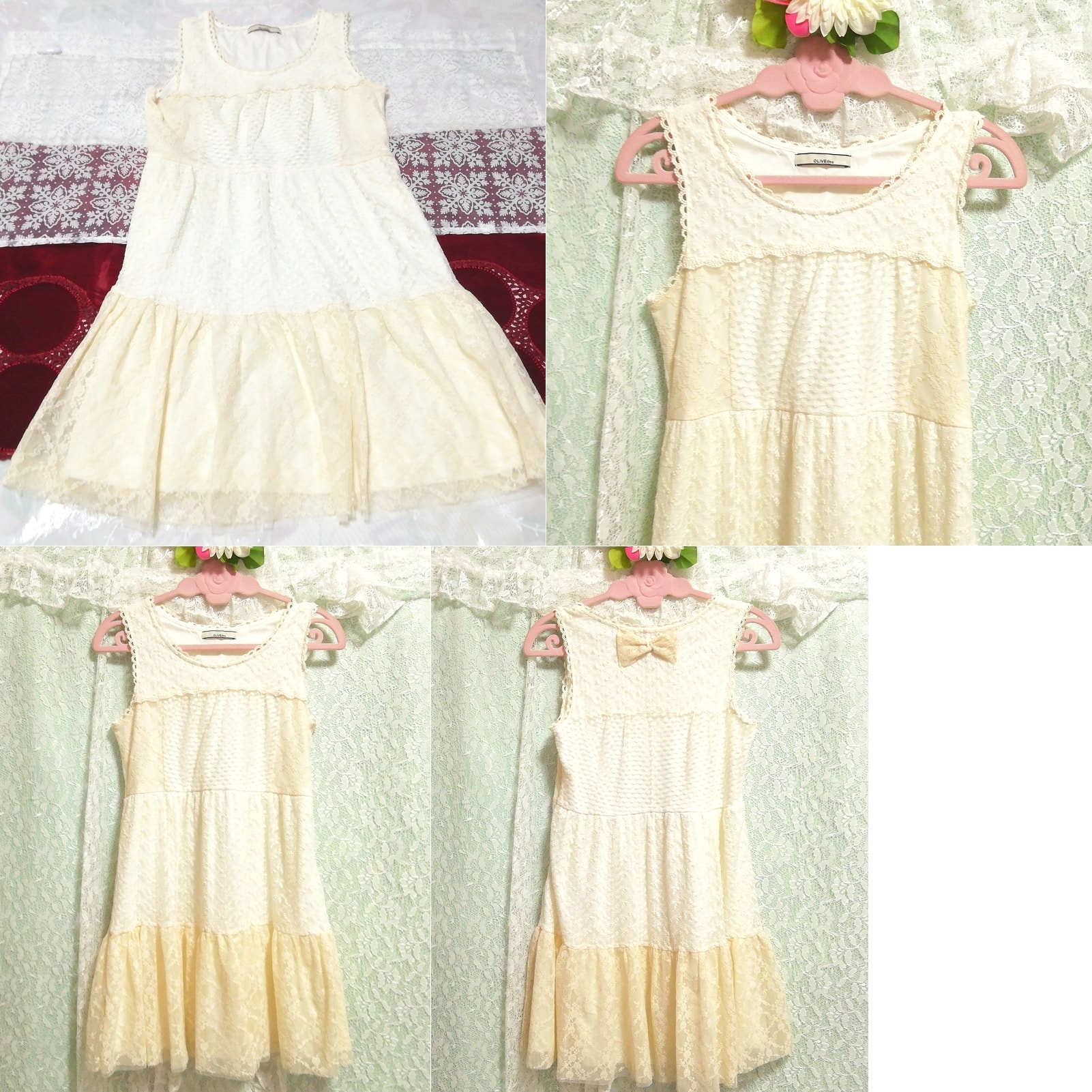 꽃무늬 화이트 아마 레이스 리본 민소매 네글리제 나이트가운 드레스, 무릎길이 스커트, m 사이즈