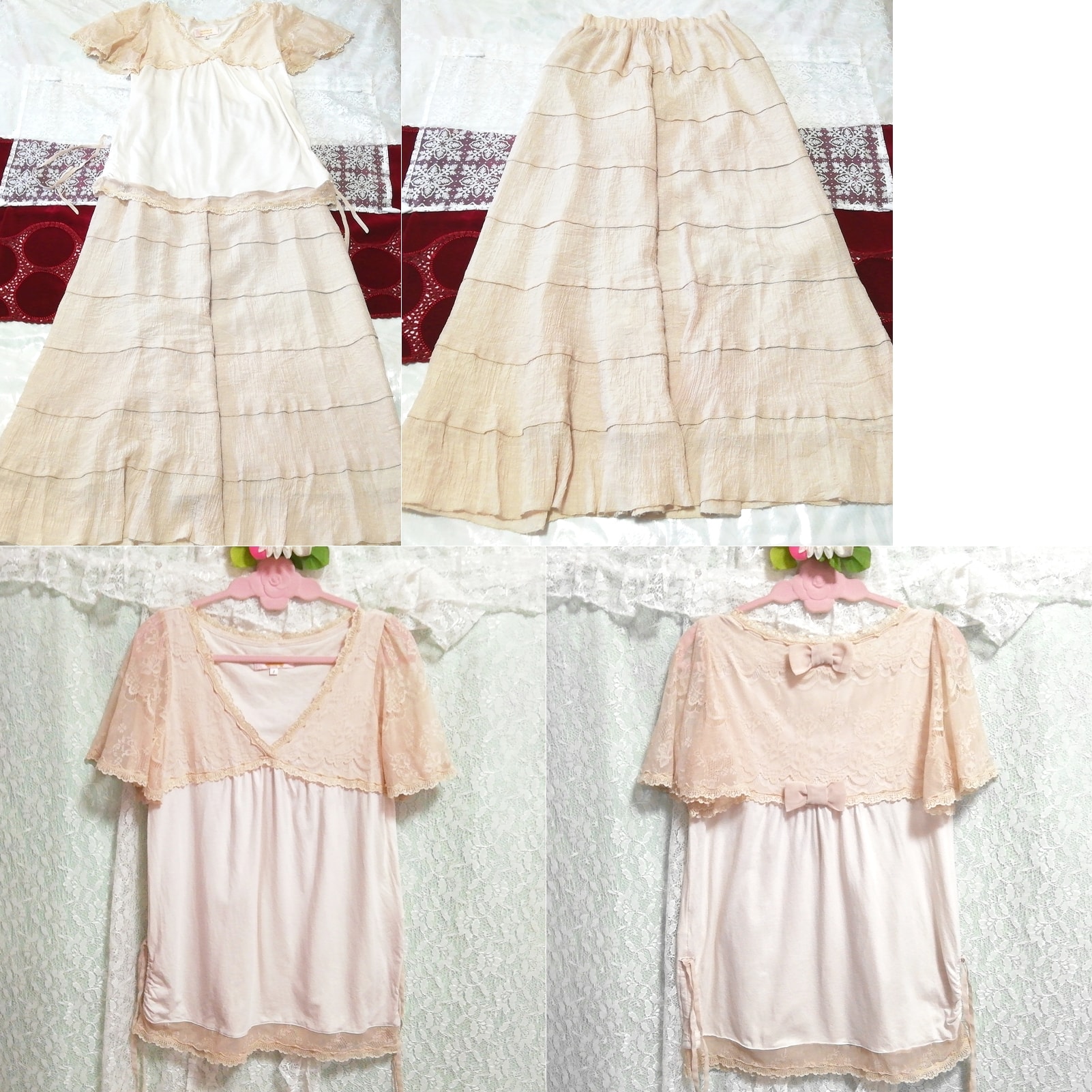 White pink ribbon frill tunic negligee nightgown ivory maxi skirt 2P, fashion, ladies' fashion, nightwear, pajamas
