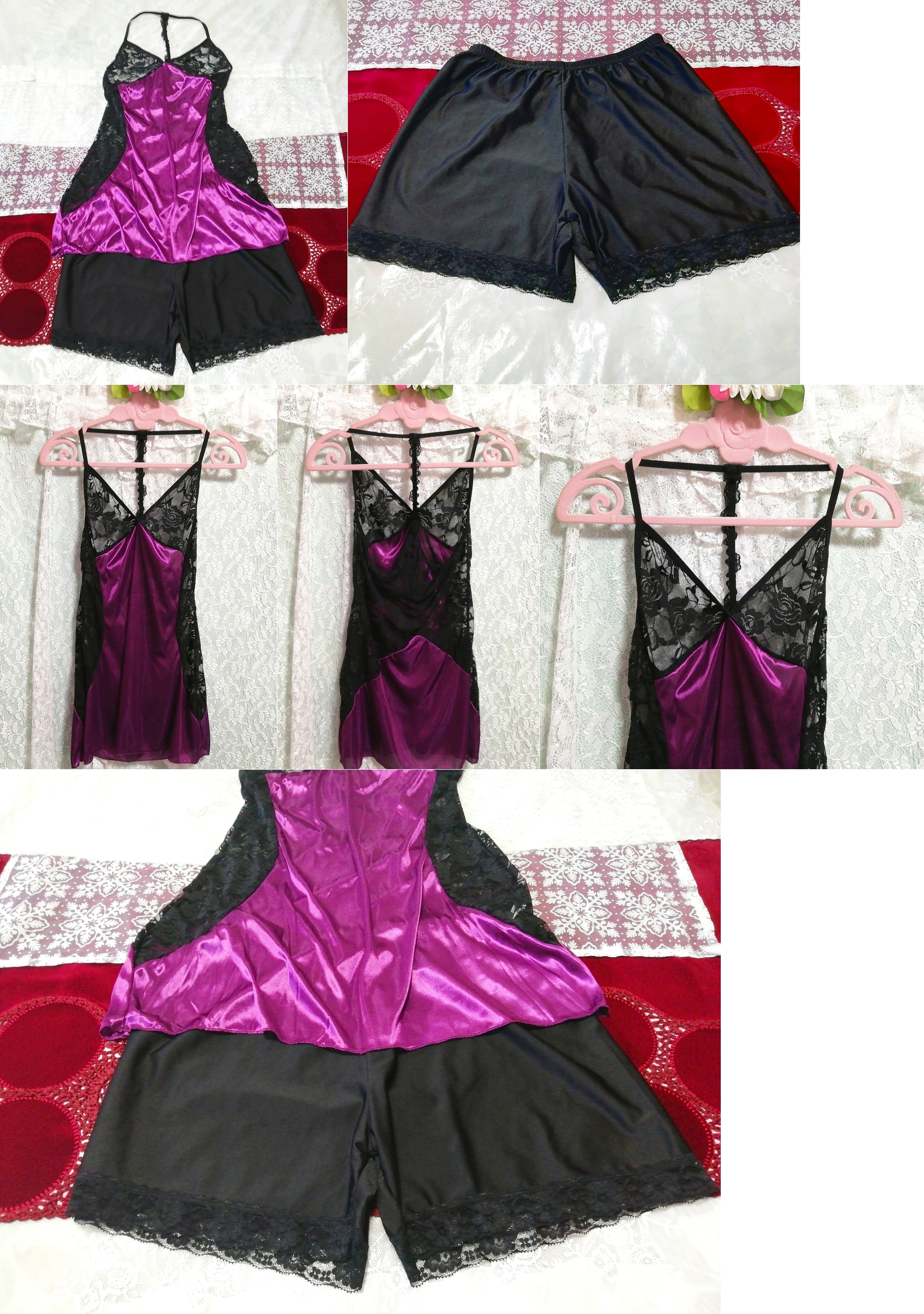 퍼플 새틴 블랙 레이스 캐미솔 네글리제 잠옷 잠옷 반바지 2P, 패션, 숙녀 패션, 잠옷, 잠옷