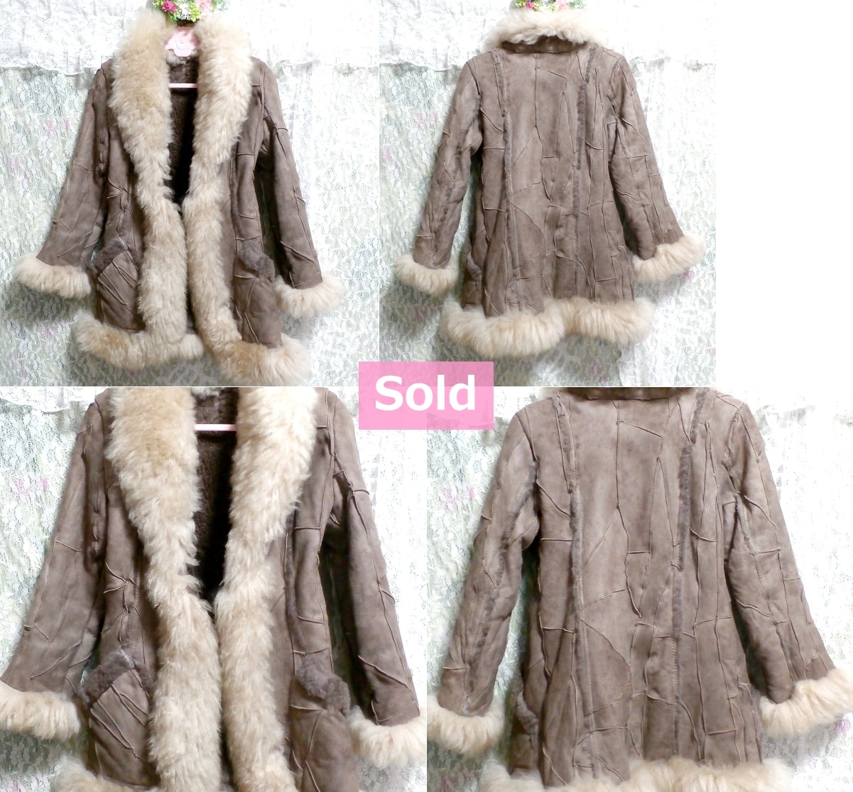 ムートン羊毛皮100%亜麻色とアイボリー色の豪華ファーコート/アウター Mouton wool 100% luxurious fur coat/ivory color fur coat/outer