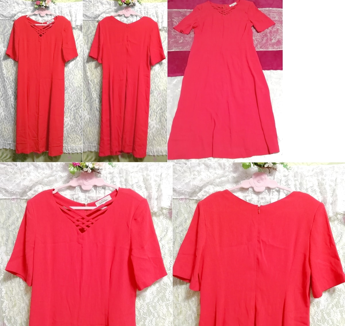 赤レッド半袖ネグリジェチュニックスカートワンピース Red short sleeve negligee tunic skirt dress, チュニック, 半袖, Mサイズ