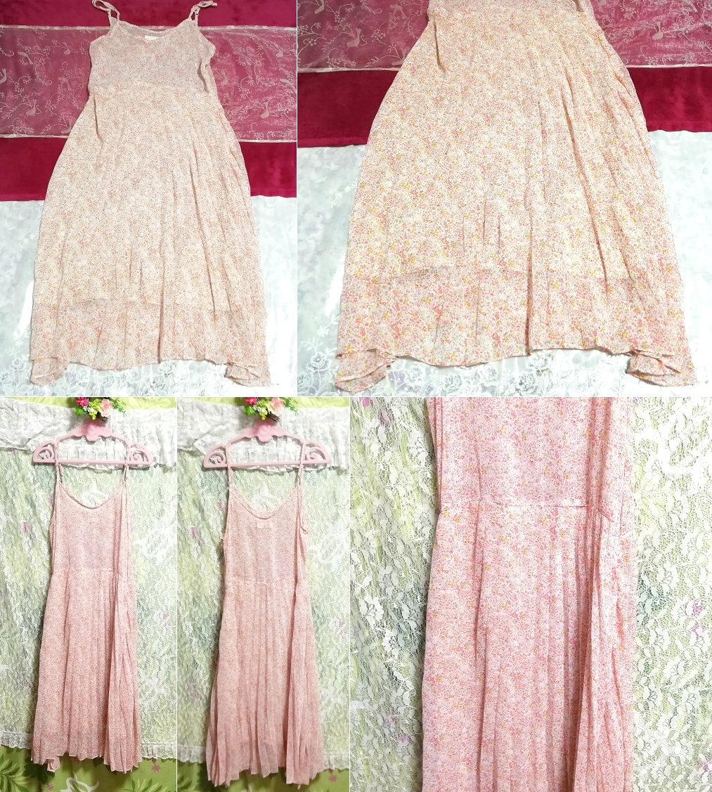 ピンクオレンジ花柄シフォンネグリジェキャミソールロングワンピース Pink orange floral pattern chiffon negligee camisole dress, ワンピース, ロングスカート, Mサイズ
