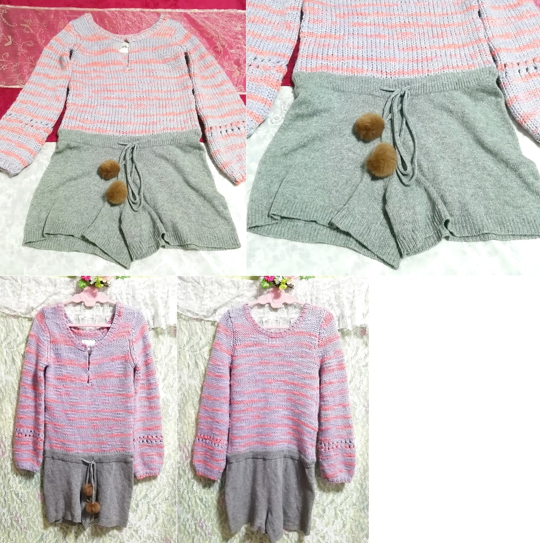 青ピンク編みニット灰グレーキュロットラビットファーボンボンワンピース/セーター Blue pink knit ash gray culottes onepiece sweater, ニット、セーター, 長袖, Mサイズ