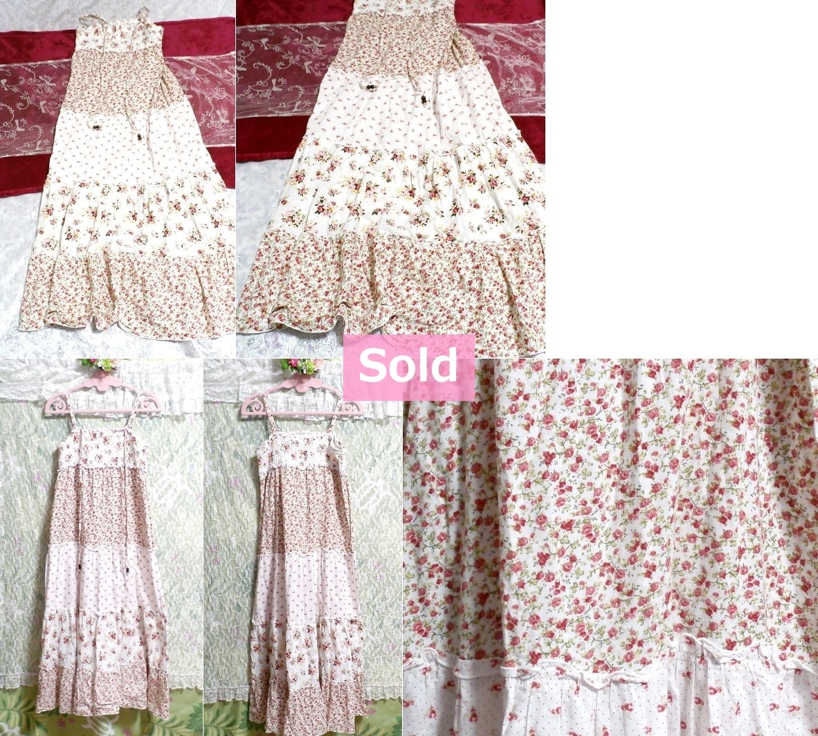 白ホワイト綿100%キャミソール花柄マキシワンピース White cotton 100% camisole floral pattern maxi onepiece, ワンピース&ロングスカート&Lサイズ