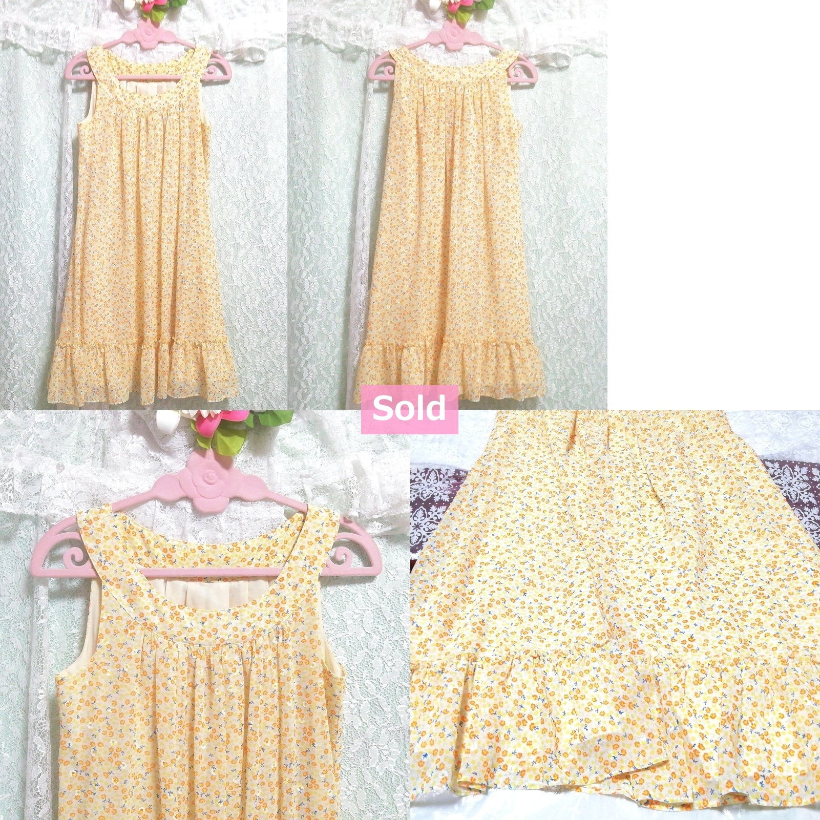 黄色ノースリーブネグリジェフリルミニスカートワンピース Yellow sleeveless negligee frill mini skirt dress, ワンピース, ひざ丈スカート, Mサイズ