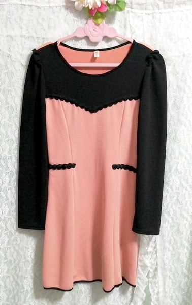 黒サーモンピンク長袖チュニックトップス Black salmon pink long sleeve tunic tops