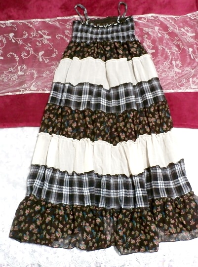 白黒チェックと花柄のキャミソールマキシロングスカートワンピース Maxi long skirt onepiece black white check floral pattern camisole