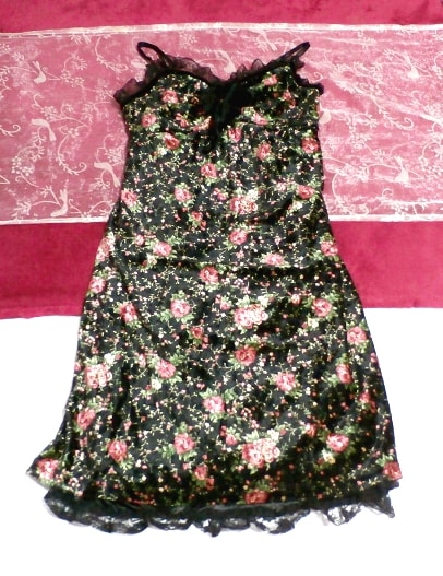 黒レース光沢花柄キャミソールベロアワンピース/チュニック Black lace shiny floral pattern camisole velor onepiece/tunic