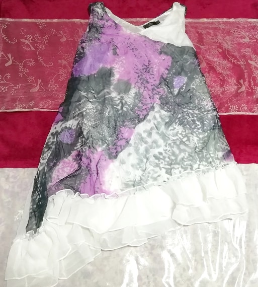 白紫灰シフォン花柄アート柄フリル/チュニック/トップス White purple ash chiffon floral pattern art print frill/tunic/tops