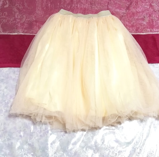 フローラルホワイト金ウエストふわふわチュールミニスカート Floral white gold waist fluffy tulle mini skirt