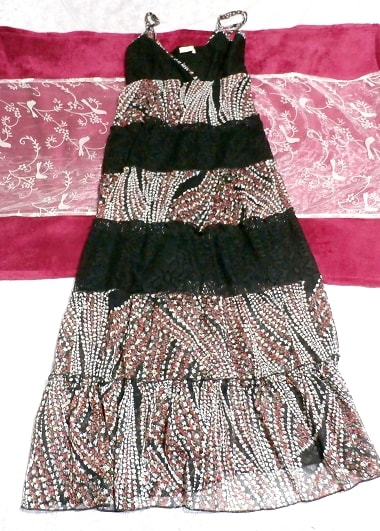 赤白花柄黒レース付キャミソールマキシロングスカートワンピース Red white floral pattern black lace camisole maxi long skirt onepiece