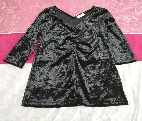 Túnica de manga larga con cuello en V de terciopelo negro Tops túnica de manga larga con cuello en V de terciopelo negro