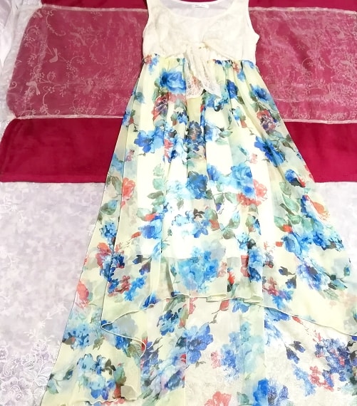 블루 플로럴 패턴 화이트 레이스 쉬폰 플레어 스커트 맥시 원피스 드레스