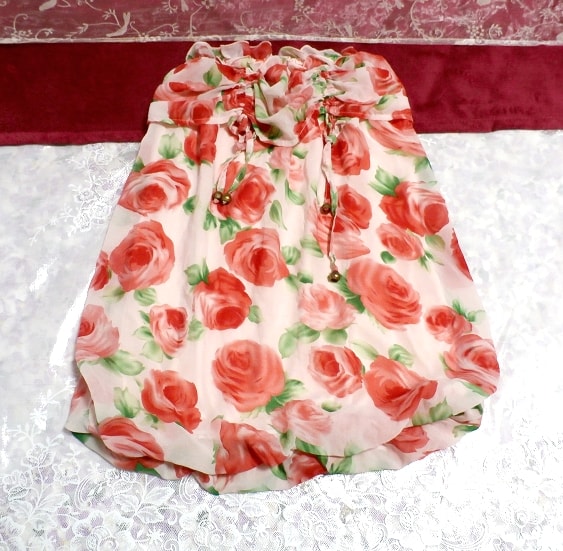 赤レッドバラ花柄ノースリーブシフォンチュニック/トップス Red roses floral pattern sleeveless chiffon tunic/tops
