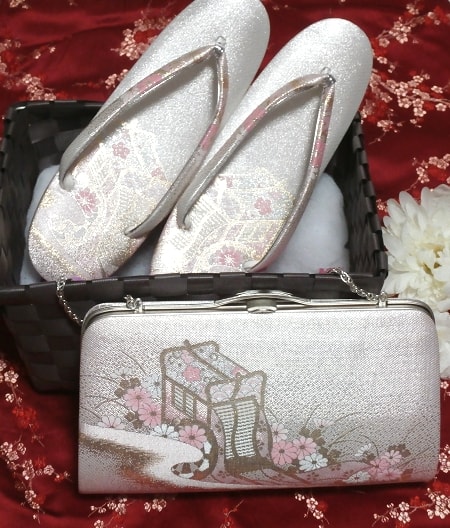 Pink cherry color thick bottom sandals shoes / bags / Japanese kimono 2 piece set Pink cherry color thick bottom sandals shoes / bags / Japanese kimono 2 piece set