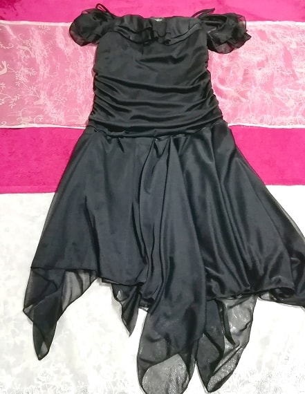 黒ブラックシフォンフリルワンピースドレス Black chiffon frill onepiece dress