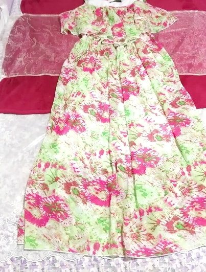 Green pink floral pattern chiffon camisole maxi one piece