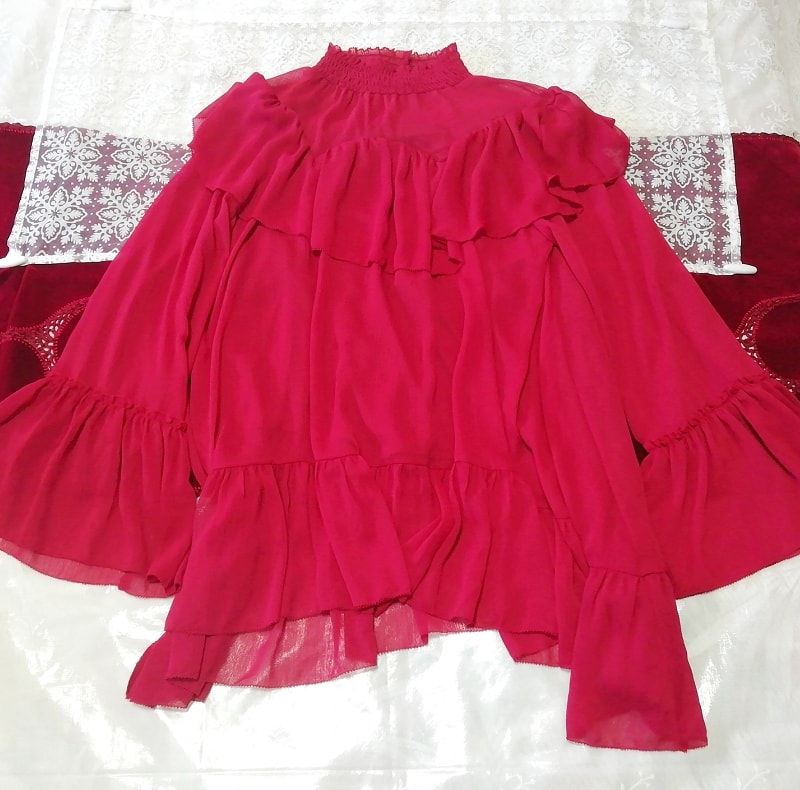 红色荷叶边雪纺长袖束腰睡衣连衣裙，束腰外衣和长袖，中号