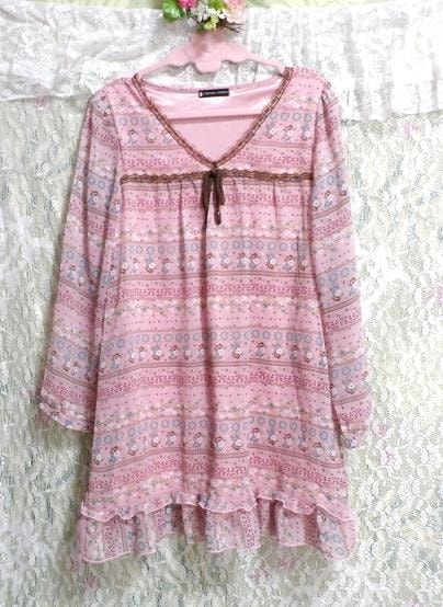 Girly pink floral pattern brown string tunic / tops, tunic & long sleeves & medium size