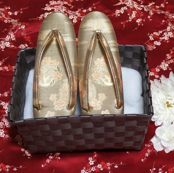 厚底5.5cm黄金色鳥花柄/靴草履/和服 2.16 in thick golden bird flower pattern/shoes sandals/kimono