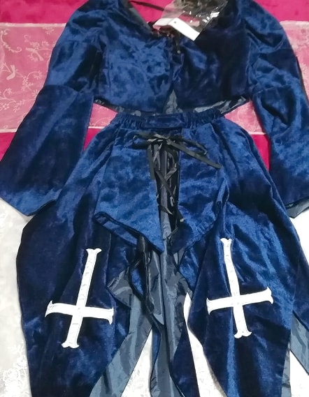Gothic lolita blue velour two piece robe cross embroidery cosplay costume