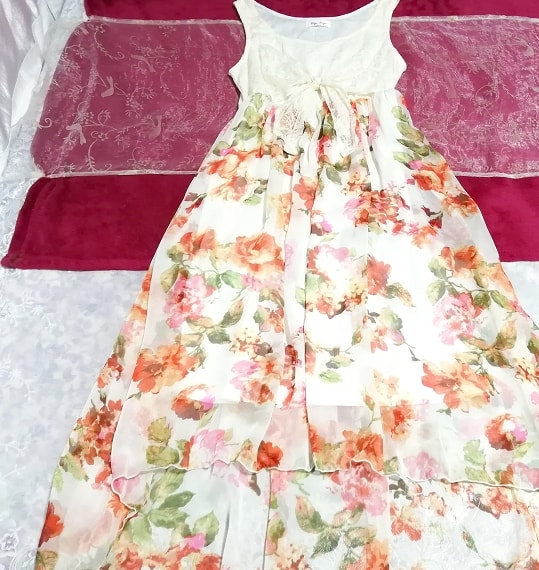 赤花柄白レースシフォンフレアロングスカートマキシワンピース Red flower pattern white lace chiffon flare skirt maxi onepiece dress